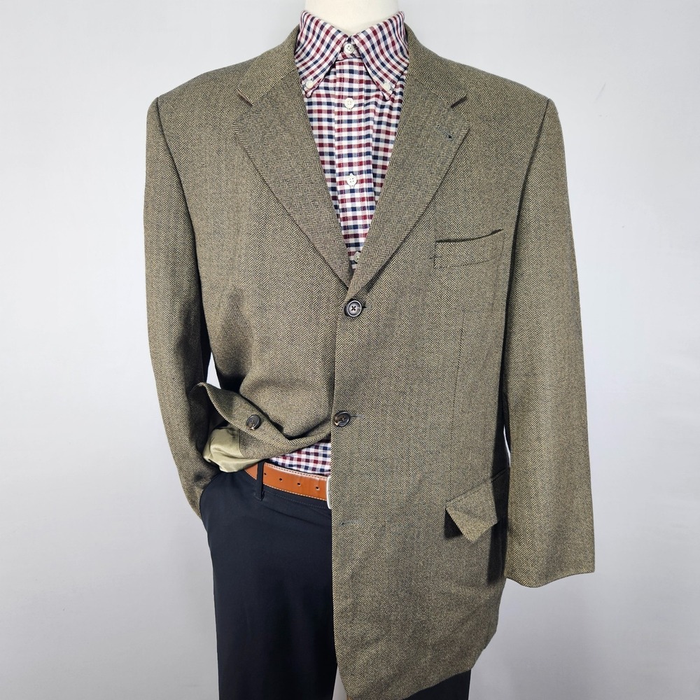 FENZIA Men's Sport Coat Blazer Two Button Brown Herringbone Wool Size 44L